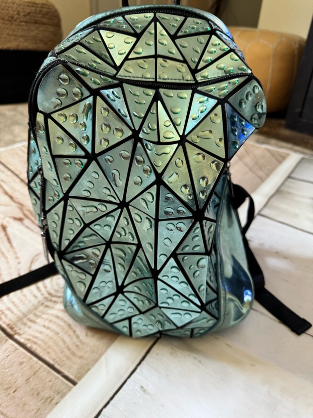 Iridescent Geometric Holographic Backpack in Green-Blue Raindrops